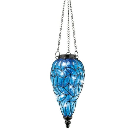 Hanging Lanterns Outdoor Solar Blue Teardrop Hanging Glass and Metal Lantern with Chain and Hook - Whimsical Outdoor Decorative Accessories, Blue ()