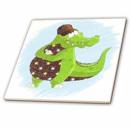 3dRose Green and Brown Alligator with Blue and Stars in Crayon for Kids - Ceramic Tile,