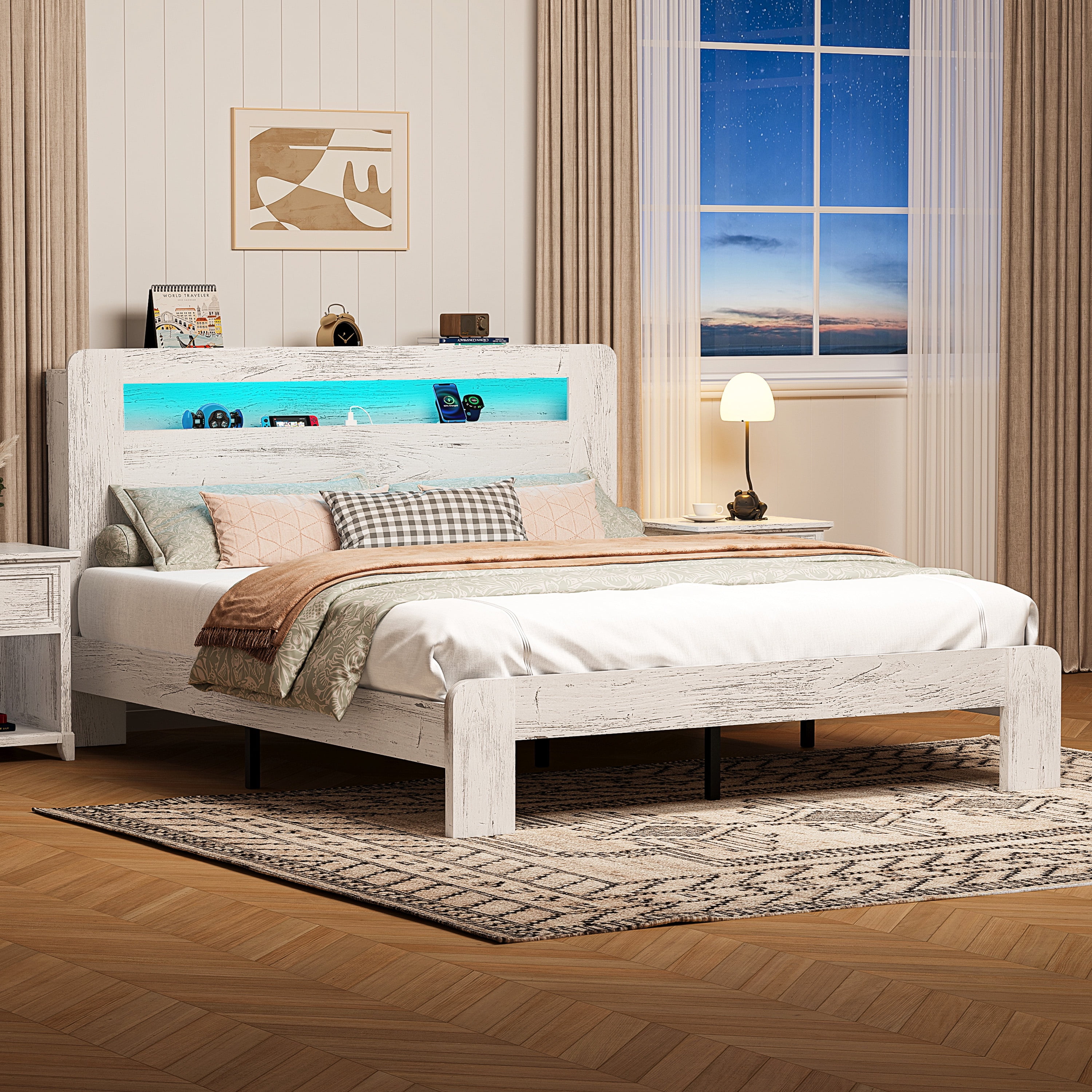 SESSLIFE Queen Size Bed Frame with Storage, Wood Platform Bed Frame with Charging Station and LED Light, Vintage Queen Bed Frame with Headboard and Wood Slats, No Box Spring Needed, White/Grey