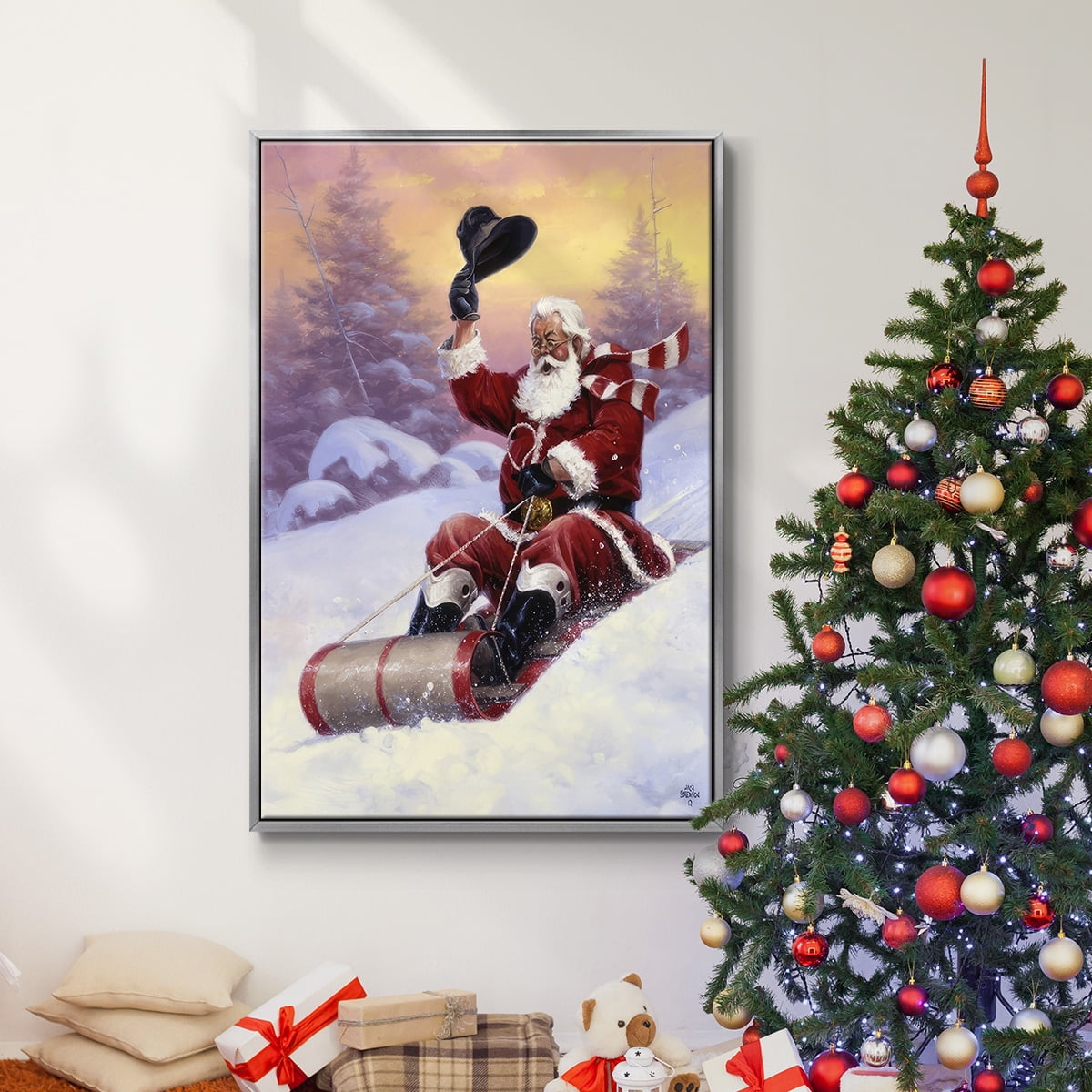 Here Comes Santa - Framed Gallery Wrapped Holiday Canvas - 25 x 37 - Silver Frame