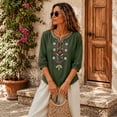 thumbnail image 6 of PBFRDSJ Cotton Linen Tops for Women Lightweight Retro Embroidered 3/4 Sleeve Bohemian Peasant Shirts Plus Size V Neck Casual Summer Beach Boho Tops, 6 of 9