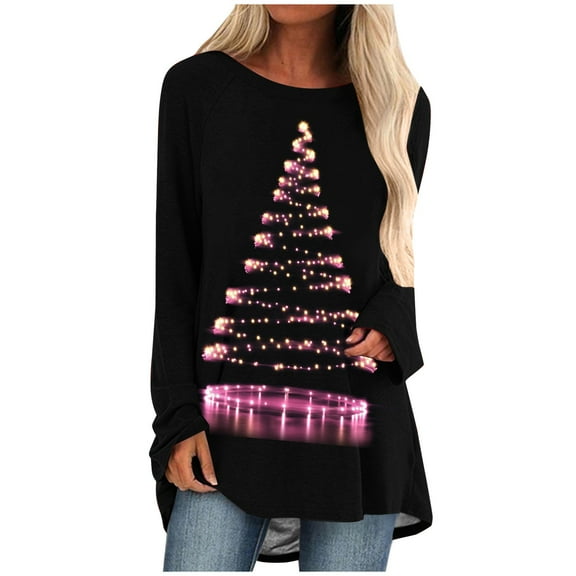 asdoklhq Christmas Plus Size Sweaters for Women Casual Long Sleeve Round Neck Pullover Loose Blouse Ethnic Style Printed ShirtsTops Black XL