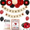 Ladybug Birthday Party Decorations Supplies Kit by Party Inspo, Happy Birthday Banner, Birthday Sign, Paper Fans with Stickers, Lady Bug Walking Balloons, Tissue Pom Poms, Cake Topper