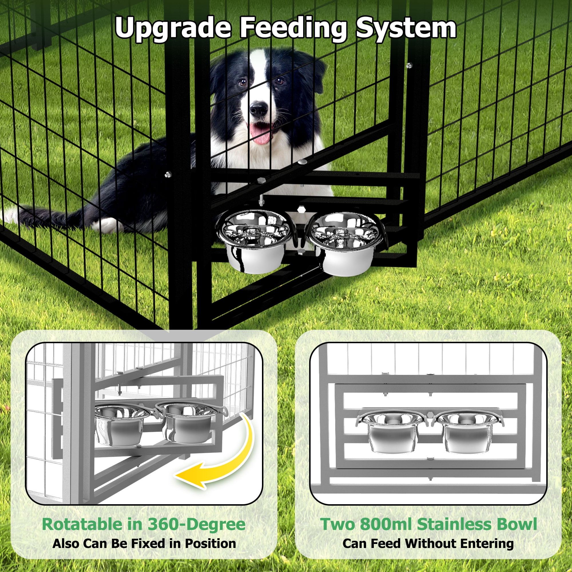 HITTITE Large Outdoor Dog Kennel, Heavy Duty Outdoor Dog Run Cage with Rotate Feeding Door, Anti-Rust Dog Kennel Outside with Waterproof & UV-Resistant Cover for Backyard, 8'L x4' W x 6'H（with Roof）