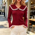 thumbnail image 2 of ZHOGXU Lightweight Knit Cardigan For Women Lace Trim Turndown Collar Button Front Sweater Jacket Elegant,Vacation,Red,XXL, 2 of 4