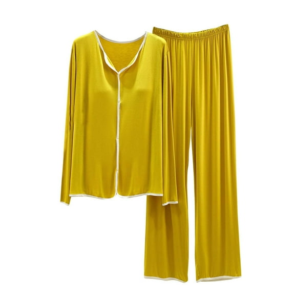 FAIWAD Women's 2 Piece Pajamas Set Long Sleeve Tops with Built in Bra Loose Wide Leg Pants Loungewear Set