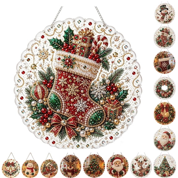PLPPYFS Christmas Pearl Diamond Art Suncatcher Kit Hanging Ornament, Christmas Pearl Art Kit for Adults, DIY Pearl Diamond Art Suncatcher with 3D Mixed-Size Beads, Christmas Home Decor Gift