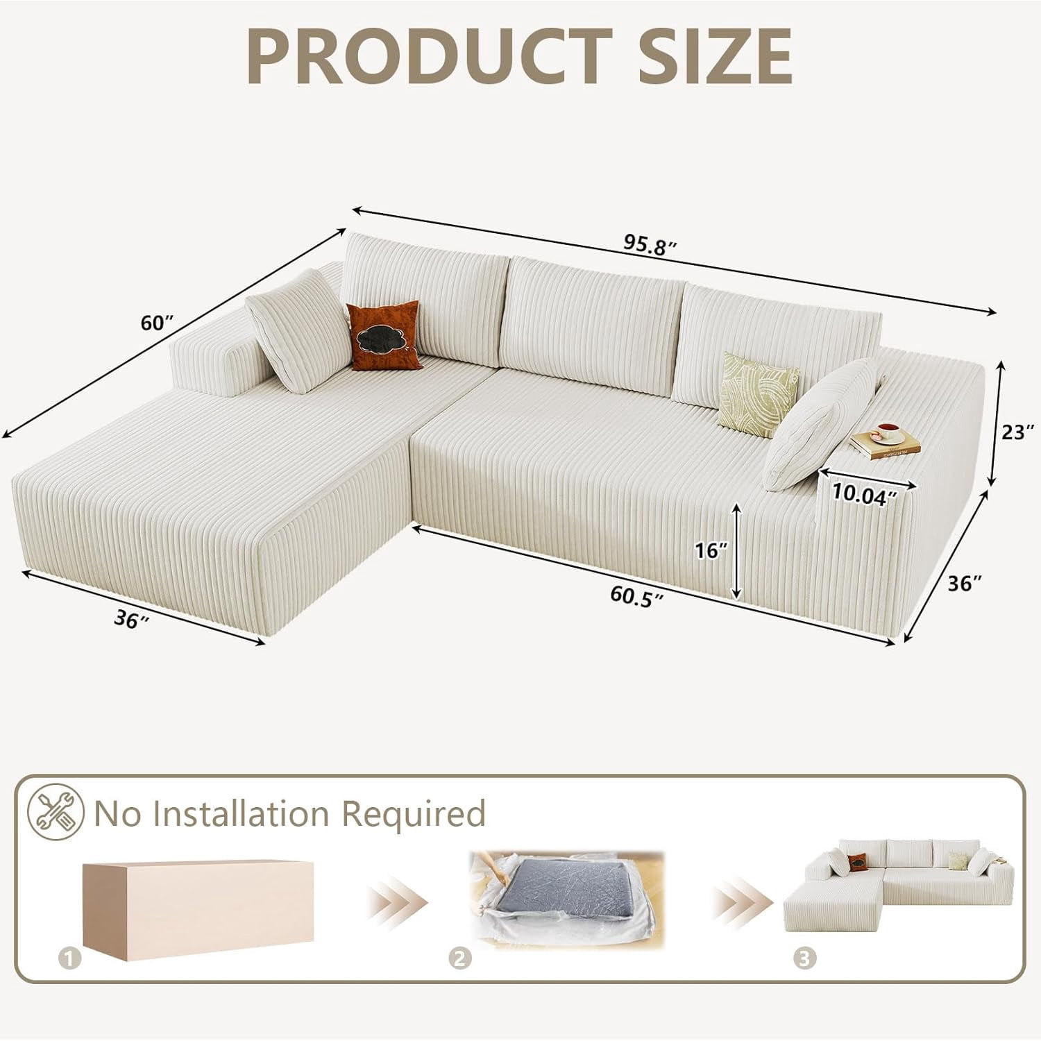 Cloud Couch Sectional, 96" L-Shaped Sofa, No Assembly Corduroy Couch with Chaise for Living Room,White