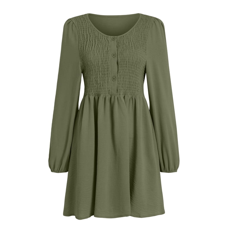 GEWSEY Womens 2025 Casual Dress Smocked Crewneck Button Up Long Sleeve  Empire Waist A-Line Mini Dress Army Green, L - Walmart.com