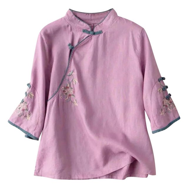 Camisa vintage de lino con cuello mao y bordados para mujer tallas grandes - Manga 3/4 holgada, material de poliéster, tallas M-XXXXL, prenda para primavera/verano