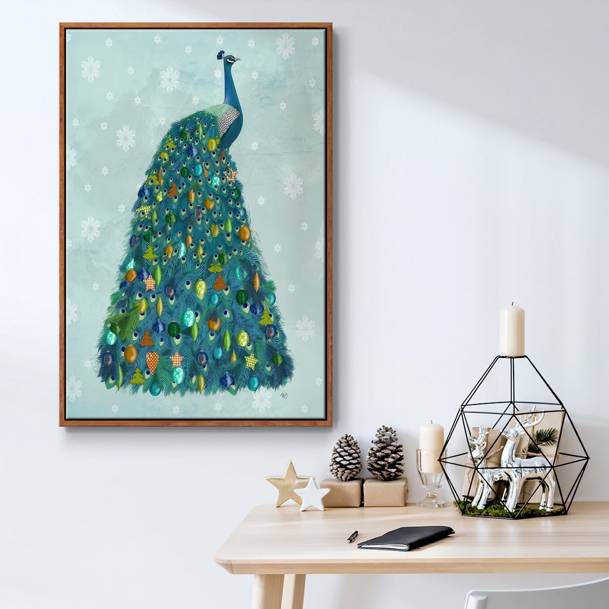 Christmas Peacock Christmas Tree - Framed Gallery Wrapped Holiday Canvas - 25 x 37 - Rosewood Frame