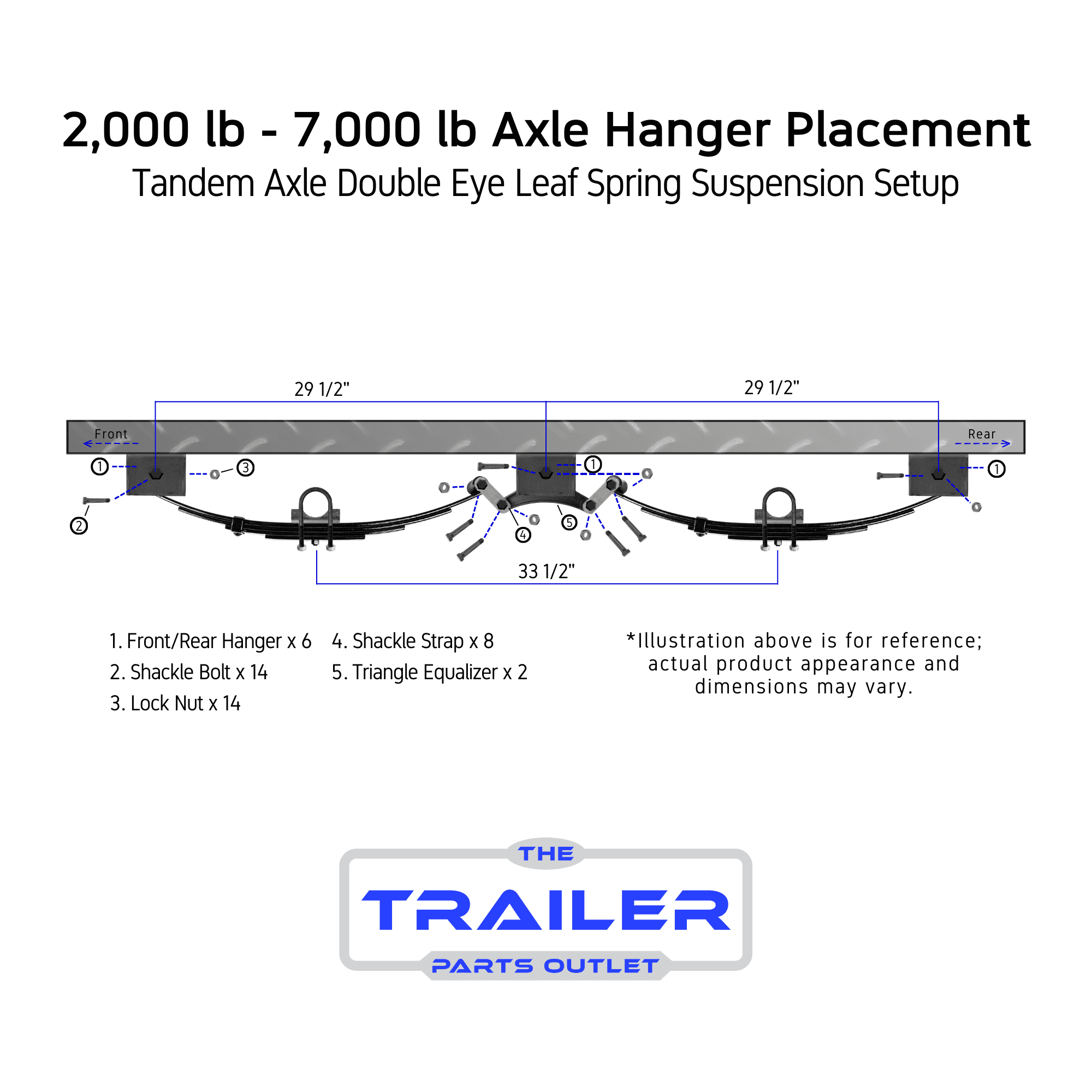 3500 lb TK Heavy Duty Single Trailer Axle Kit with Suspension - Leaf Springs, Hanger & U-Bolt Kit (61" Hubface - 46" Spring Center, 5x4.5 Bolt Pattern)