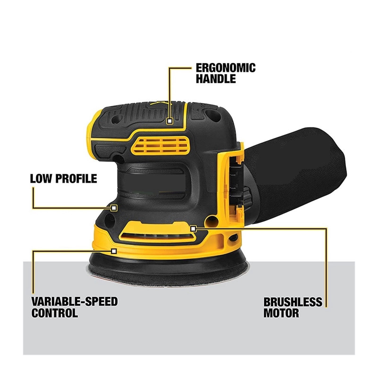 Orbital Sander Lithium Battery Brushless 5 Inch Handheld Vibration Polishing Woodworking Sander 8000~12000OPM
--------
,Low Vibration