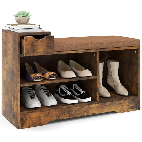 THJTDH Shoe Bench with Cushion & 3 Compartments, Entryway Storage Bench with Small Drawer & 2-Tier Shelf, Wooden Rack Organizer for Entryway, Living Room, Hallway