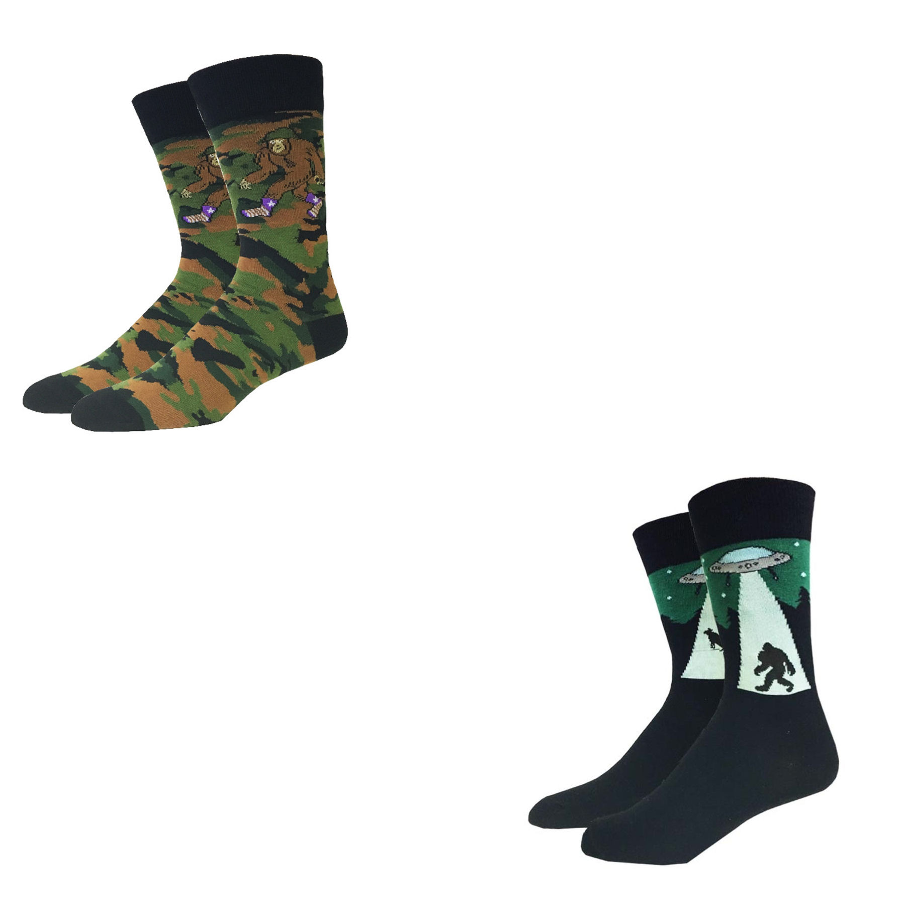 Bundle 2 Items Bigfoot Camo and UFO One Size Fits Most Crew Socks
