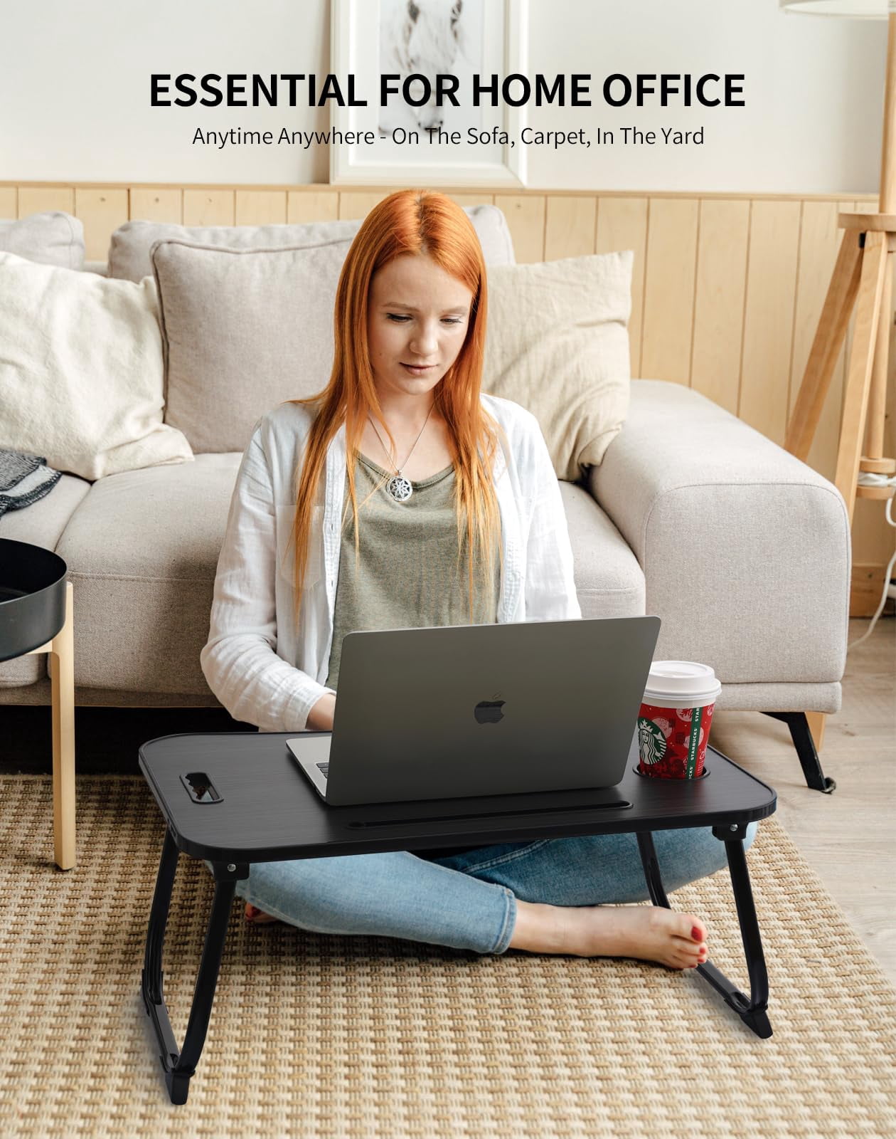 Laptop Bed Desk  Foldable Lap Portable Table Stand With Cup Holder & Tablet Slot Lifting Handle For Working Writing Drawing Eating - Dark Black