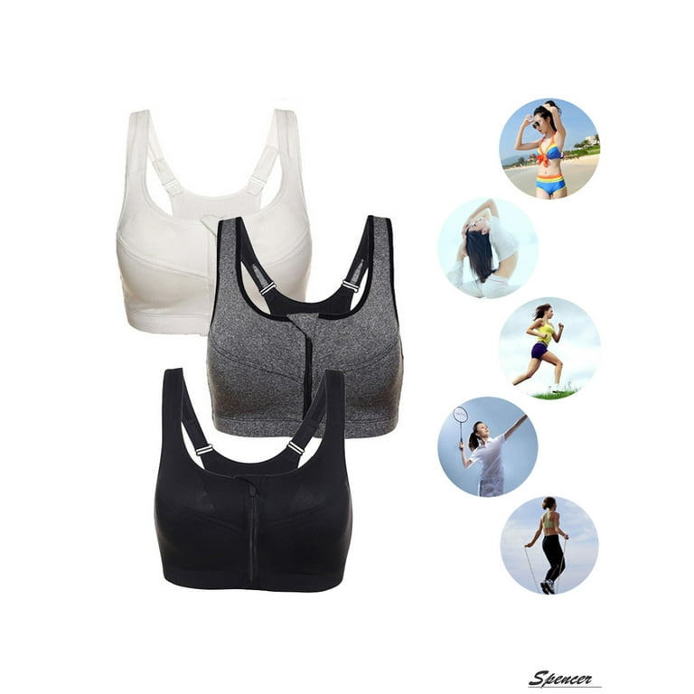 Spencer 3Pack Womens Padded Sports Yoga Bra Front Zipper Seamless
