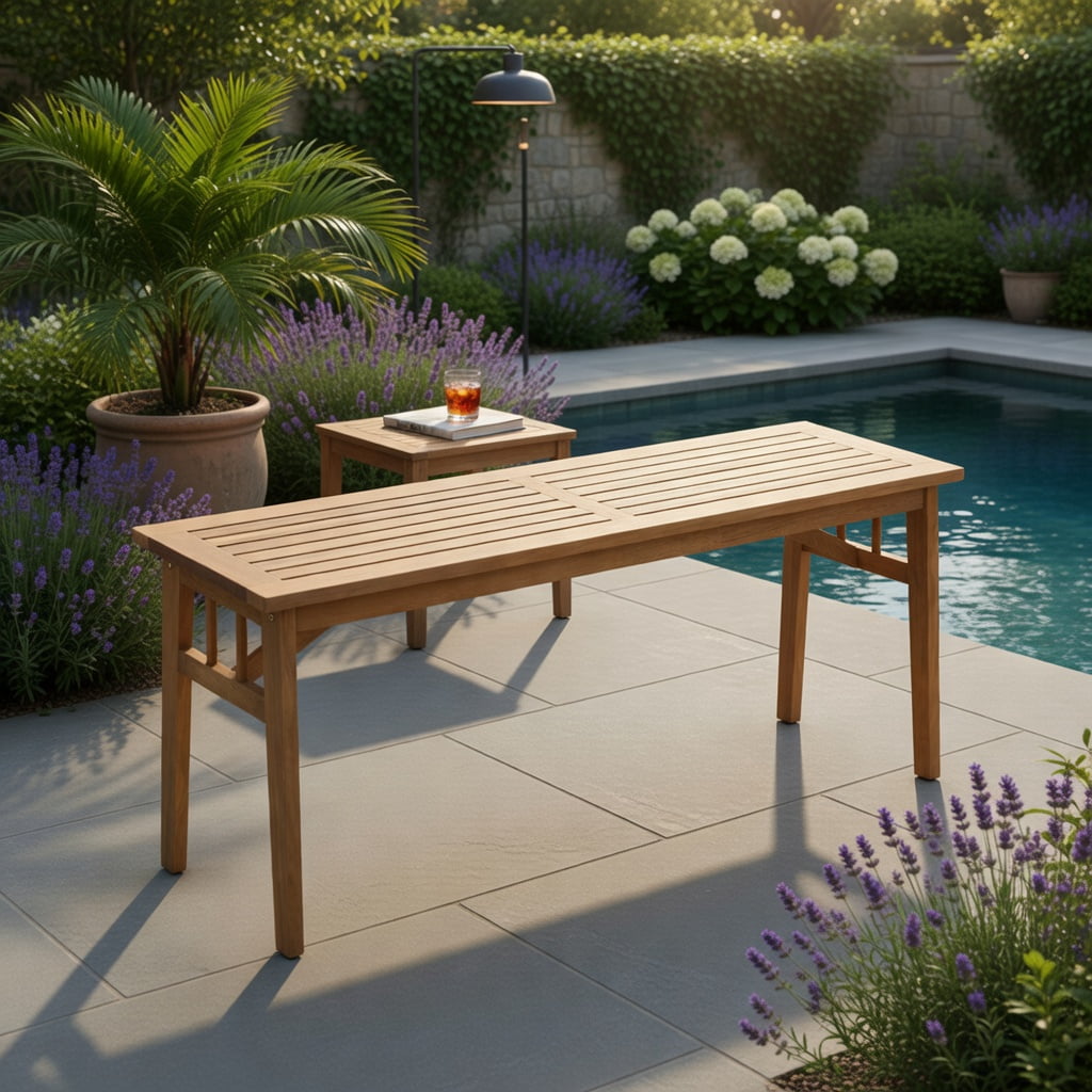 Hommoo 48" Acacia Wood Bench, Dining & Garden Bench with Breathable Slat Seat, Triangular Support Frame, Natural