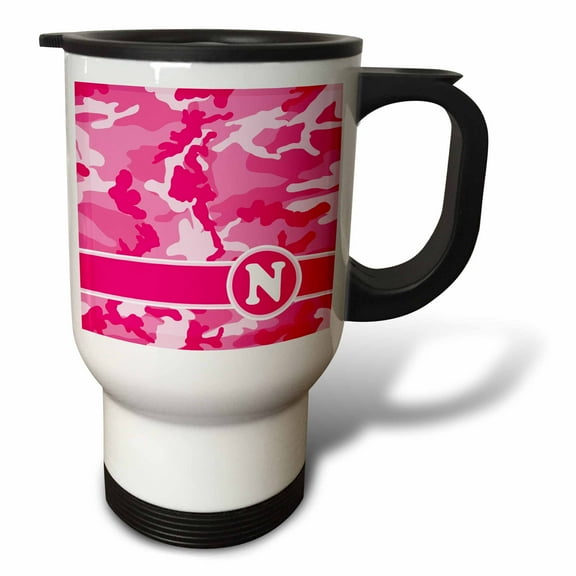 3dRose, Cute Pink Camo Camouflage Letter N, 14oz Stainless Steel Travel Mug