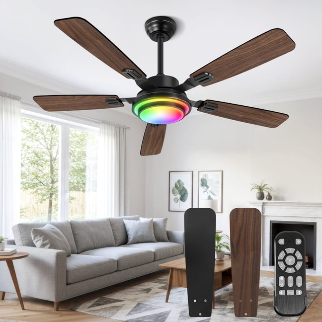 OUTON 52" Modern Ceiling Fan with Light and Remote Control – Flush Mount Design, 5 Blades, Quiet Reverse DC Motor, Dimmable Lighting for Patio Dining Room Outdoor Indoor – Walnut