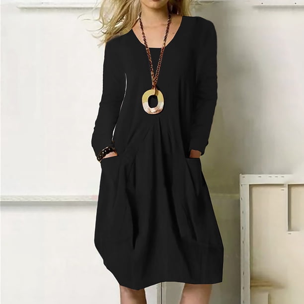 Vestido De Manga Larga Vestido Suelto De Mujer Vestido De Otoño De Color Puro Vestido De Mujer Frente Plisado Manga Larga Cuello Redondo Color Puro Casual Vestido Suelto Con ANGGREK Otros