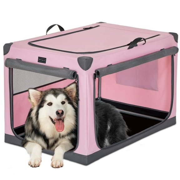 Petsfit 39.5inch Collapsible Dog Crate , Adjustable Fabric Cover by Spiral Iron Pipe, Chew Proof Strengthen Sewing Collapsible Dog Crate 3 Door Design,Pink