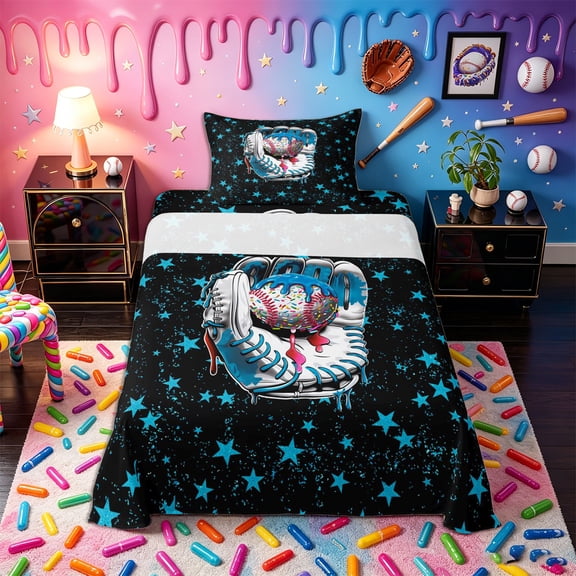 Castle Fairy Baseball Glove Print Twin Sheets 3pcs, Graffiti Stars Print Bedding, Black Blue White,1 Fitted Sheet, 1 Flat Sheet and 1 Pillowcase