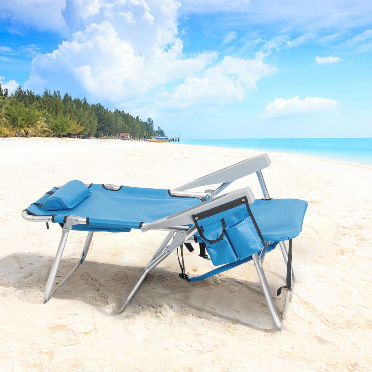Blue Elevated Beach Chair - 5-Position Adjustable Aluminum Frame, 600D Polyester, Cup Holder & Storage for Outdoor Activities