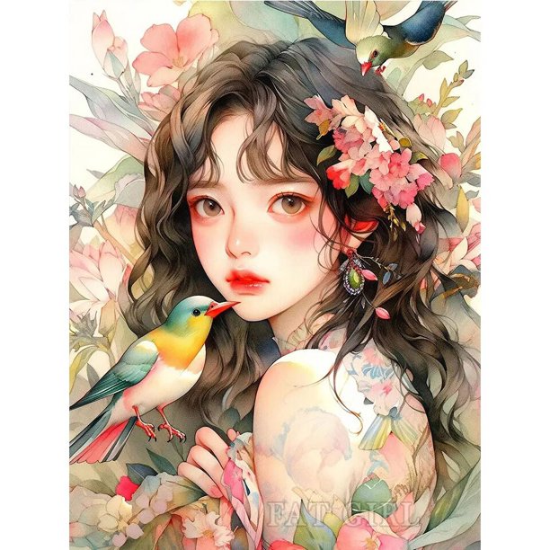 Pintura de diamantes para regalo de Navidad, decoración de habitación de niños, mosaico bordado de diamantes, flor de pájaro redondo, Cuadrado completo, chica de dibujos animados, bricolaje