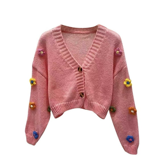 VISALY Cropped Cardigan Button Down Cardigans Sweaters for Women Trendy Crewneck Long Sleeve Sweater Tops Fall Cable Knit Pullover Sweaters Chunky Knit Cardigan Cardigans Dressy Casual Pink One Size