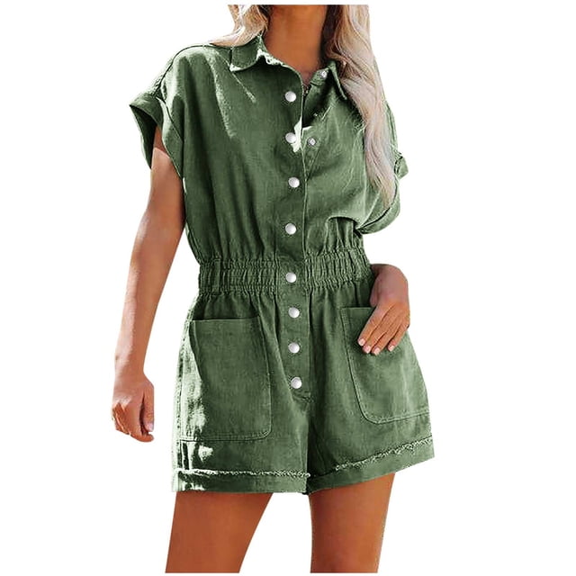 Penkiiy Combinaisons pour Femmes Combinaison Décontractée à Manches Courtes Couleur Unie Short Vert TP Combinaisons