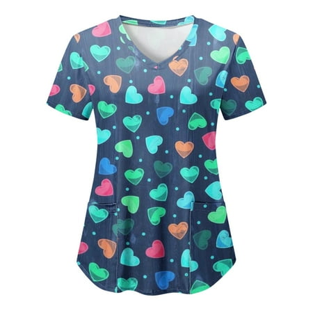 

Women Scrubs Top Working Uniform Nurses Workwear Fashion Casual V-Neck Valentine s Day Love Heart Printed Short Sleeve Protective Clothing Vacation Clothes