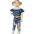 thumbnail image 3 of ATOGUTA Summer Outfits for Baby Girls Off Shoulder Tops Ripped Jean Pants Outfits Sets Blue, Size 18M-6, 3 of 5