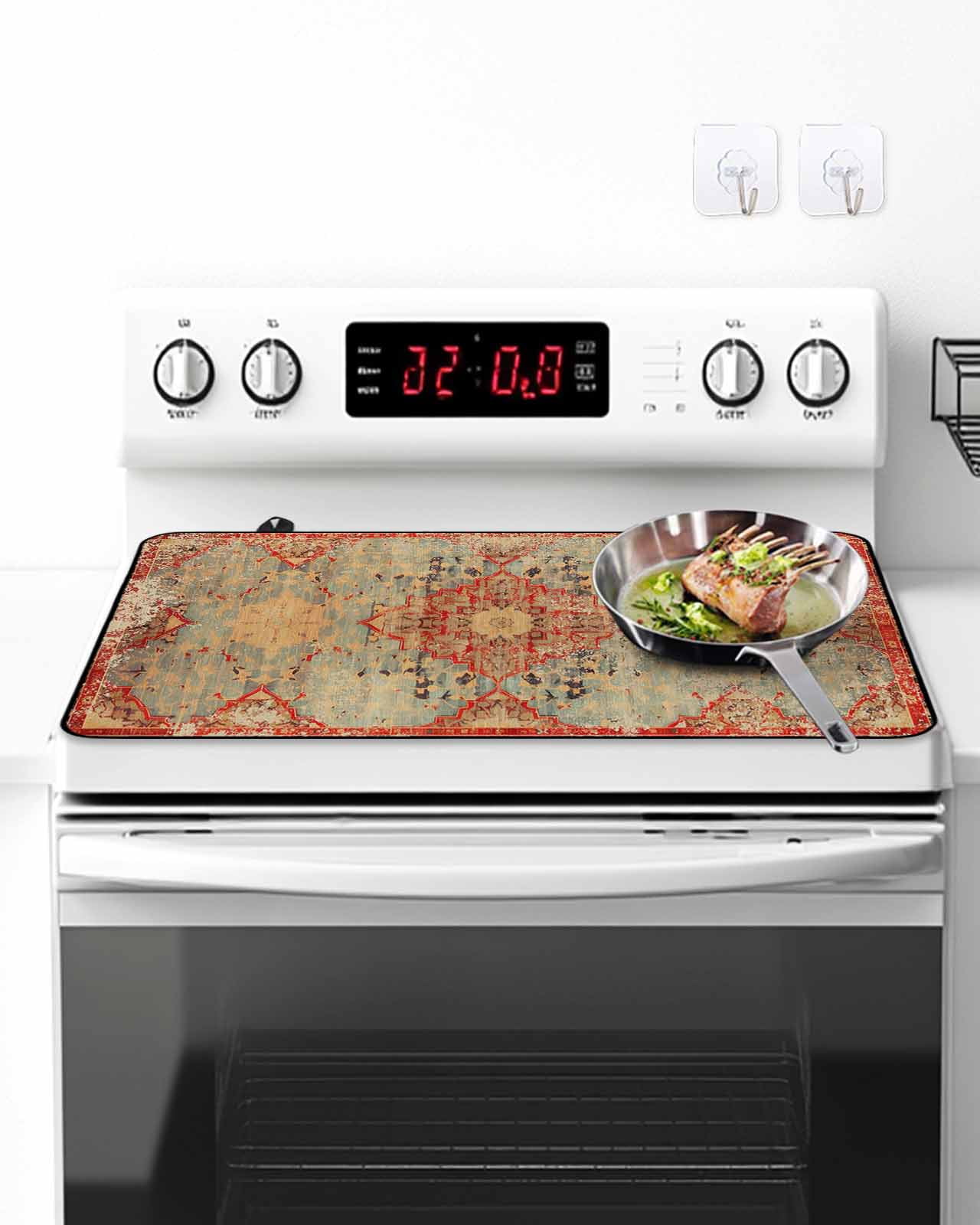 Stove Top Covers for Electric Stove, Red Blue Boho Glass Stovetop Cover Protector, Ehtnic Abstract Art Modern Geometric Induction Cooktop Protector Oven Mat for Kitchen Countertop 24"x21"