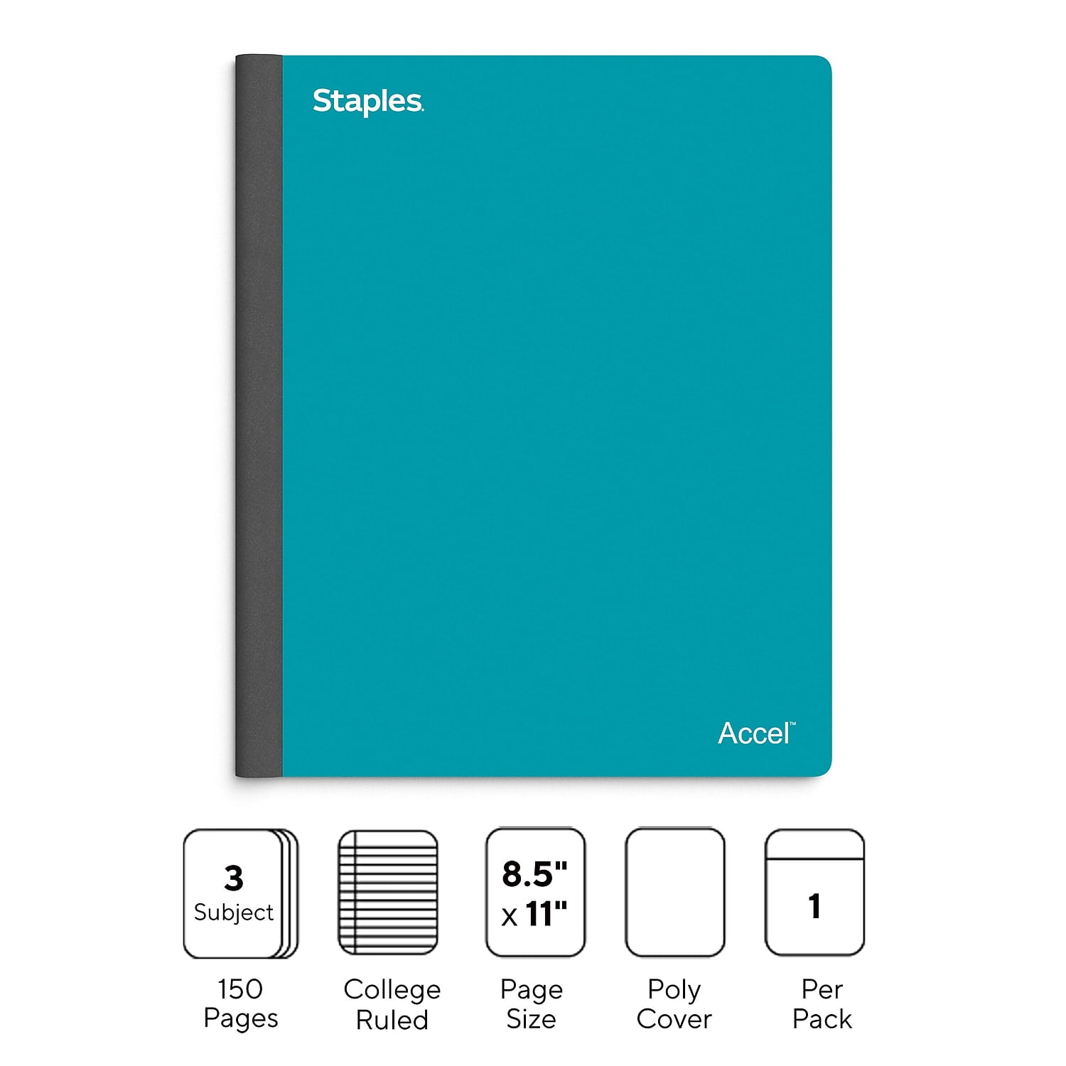 Staples Premium 3-Subject Notebook 8.5" x 11" College Ruled 150 Sheets Teal 3/Pack ST58333CVS