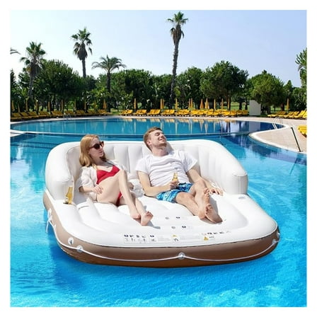 2-3 Person Inflatable Pool Float, 71”x71” Giant Inflatable Island Bed with UPF50 Retractable Canopy & Built-in Cup Holder, Load 440LBS, Blow-up Floating Lounge Island for Pool Lake Beach