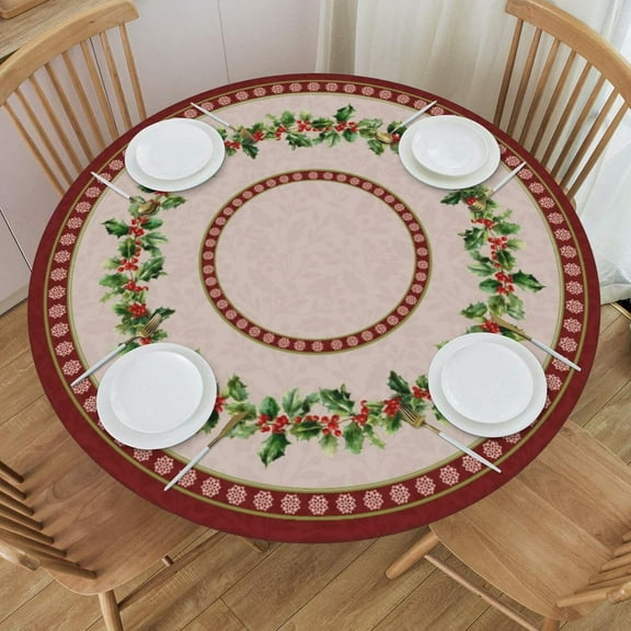 Christmas Round Fitted Tablecloth with Elastic Edge Vintage Xmas Holly Berries Floral Pattern Table Cloth Washable Reusable Table Cover for Holiday Kitchen Home Party Fits 45-50"