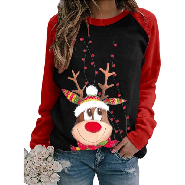 Pntutb Mujeres Casual Navidad Impresión Raglan Manga Larga Camisas Blusa tops Pntutb Pntutb-2170