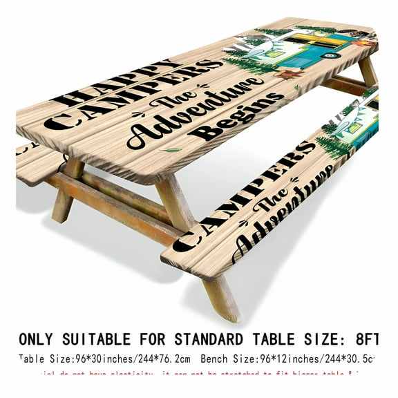 AUQ Picnic Table Cover with Bench Covers Elastic Edges,Farm Plaid Fitted Table Cover,Outdoor Patio Camping Essentials 3Pcs,Waterproof Camping Fitted Tablecloth