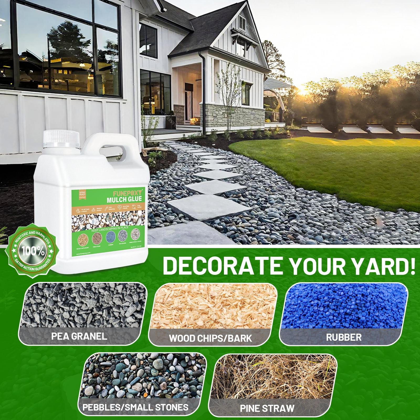 FUNEPOXY Mulch Glue 36OZ, covering adhesive for bonding stones, views, gardens, gravel, stones, leaves, bark, garden paths