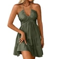thumbnail image 3 of Wedding Guest Dresses for Women Halter V‑Neck Ruched Bust Tiered Ruffle Swing Short Dress for Wedding Guest Dress, 3 of 10