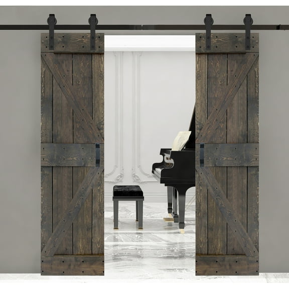 ISLIFE  48 in x 84 in K Style Finished Solid Wood Sliding Barn Door With Installation Hardware Kit (Smoky Gray)