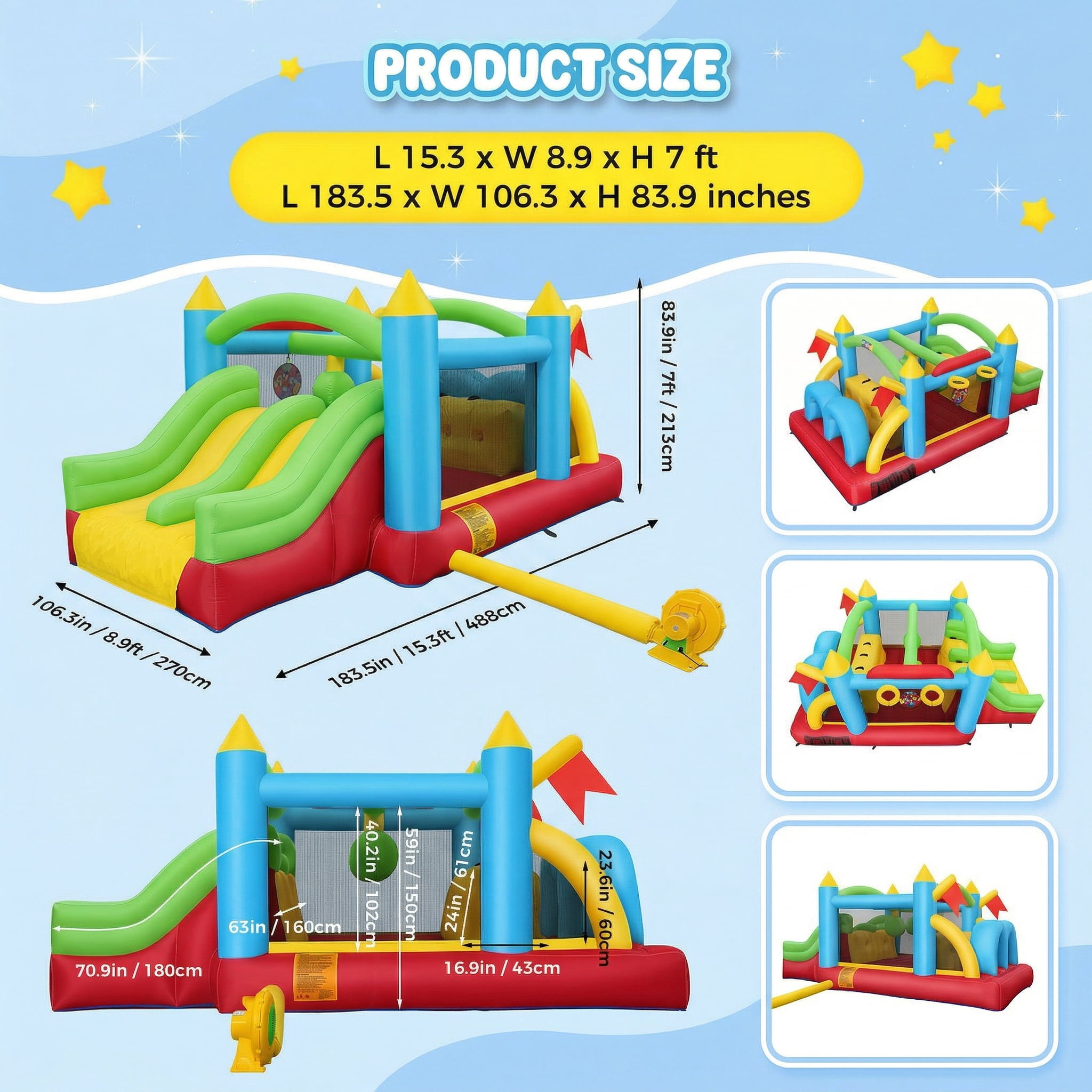 Adnoom Inflatable Obstacle Course Bounce House for Kids 3-12, 7-in-1 Jumping Castle with 550W Blower, Patio Bouncy House w/Dual Tunnels, Double Slides, Basketball Hoops, and Climbing, Indoor/Outdoor