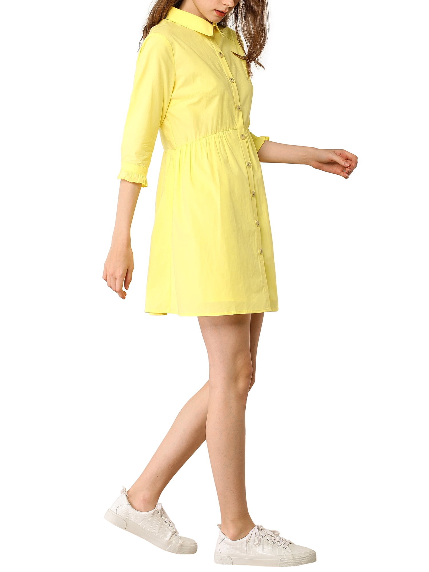DARING DIVA Elegant Collar Flare 3/4 Sleeve Button Mini Shirt Dress M Lemon Yellow