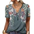 thumbnail image 2 of Camiseta con cuello de botón de verano para mujer, camiseta de manga corta estampada informal holgada, 2 of 5