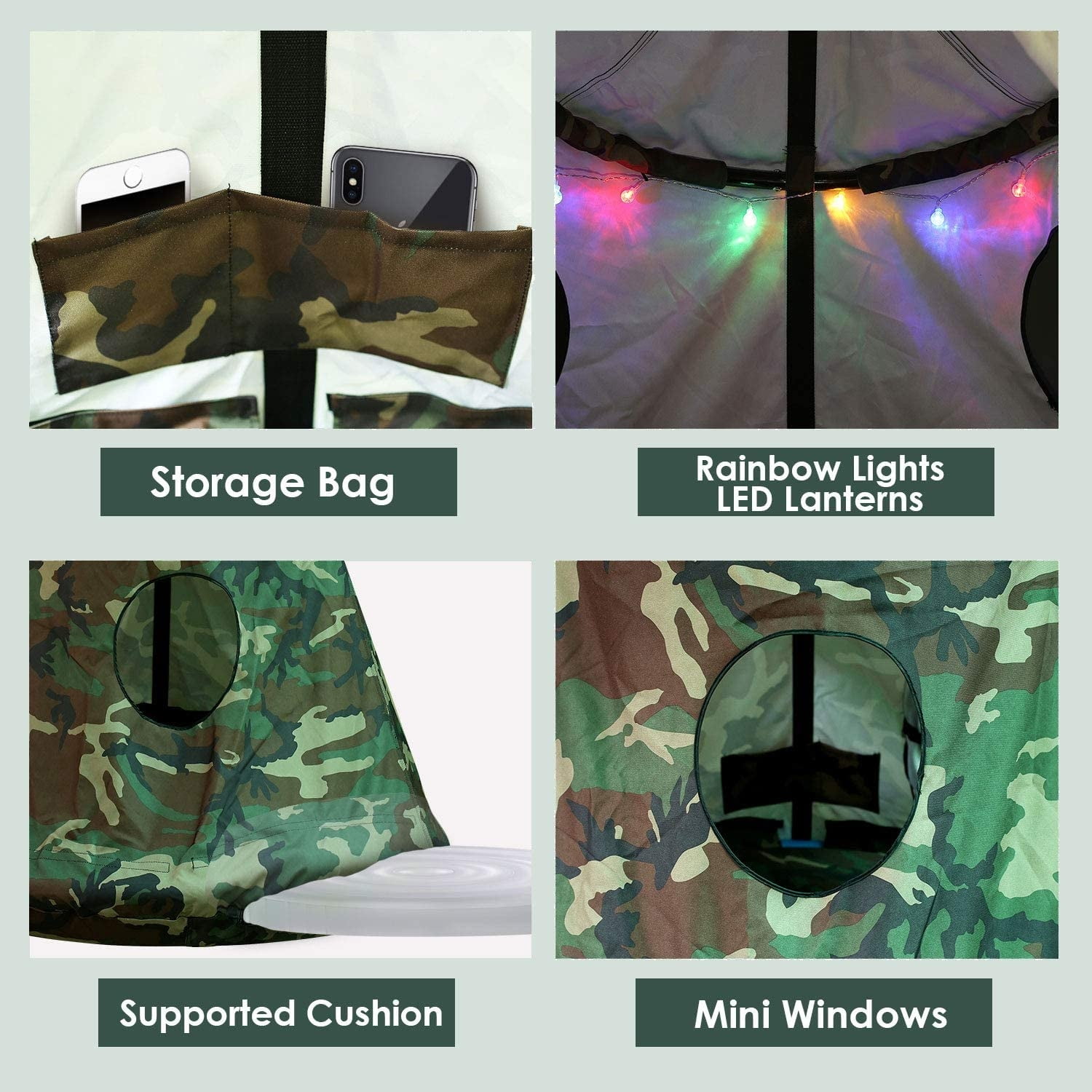 Pirecart Hanging Tree Tent Ceiling Swing Hammock for Indoor Outdoor with Lights String, 45" H x 44", Camouflage