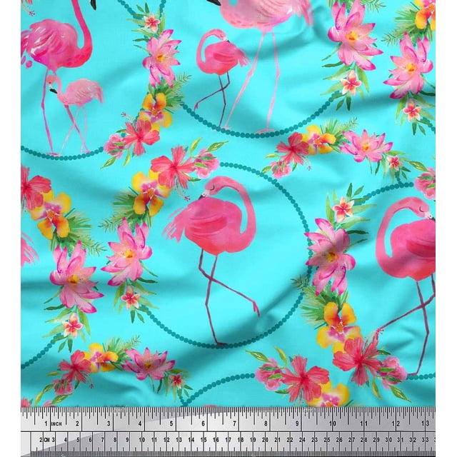 Soimoi Poly Georgette Fabric Floral Wreath & Flamingo Bird Fabric Prints by Yard 52 Inch Wide