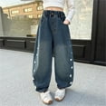 thumbnail image 2 of Girls Wide Leg Denim Pants with Pockets Girls Black Jeans Size 8 Casual Baggy Elastic Waist Jeans Streetwear Girls Clothes(Siz 10-11 Years,Blue#1), 2 of 5