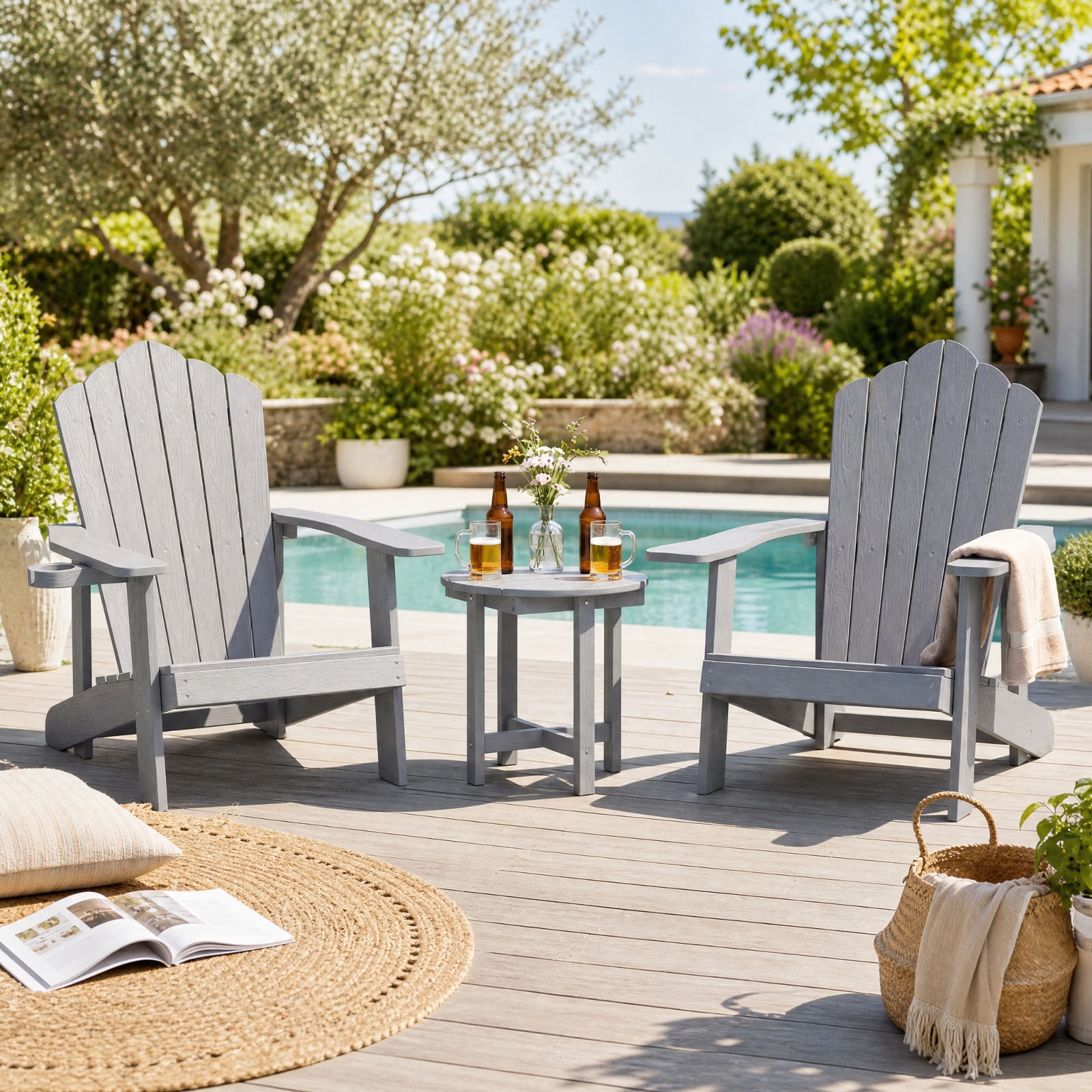 Biotree 18 Inch Outdoor Adirondack Side Table, Weather-Resistant HIPS Slatted End Table with X-Frame Base for Backyard Deck Poolside, Gray