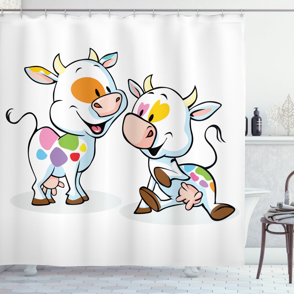 Crazy Shower Curtain, Farmland Animals Cartoon Baby Cows with Colorful